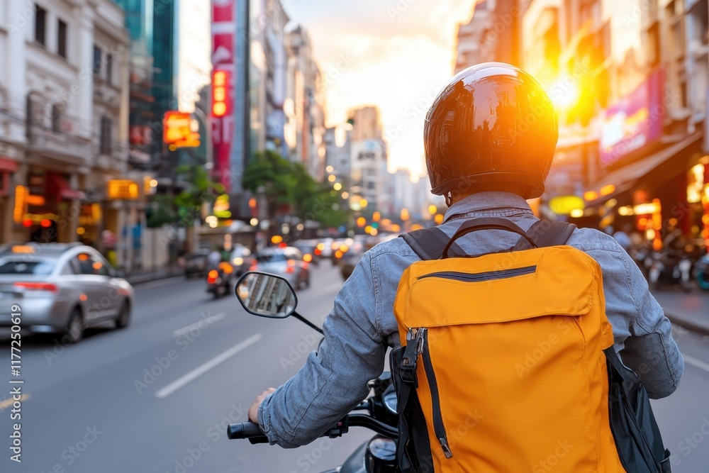 A motorcyclist cruised through a city street during sunset, showcasing the warm glow and emphasizing the connection between the rider and the urban environment. A motorcyclist cruised through a city street during sunset, showcasing the warm glow and emphasizing the connection between the rider and the urban environment.