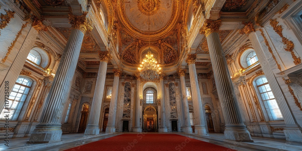 Fototapeta premium A grand room with an opulent red carpet and golden accents, perfect for luxury event backdrops or showcasing elegance in interior design.