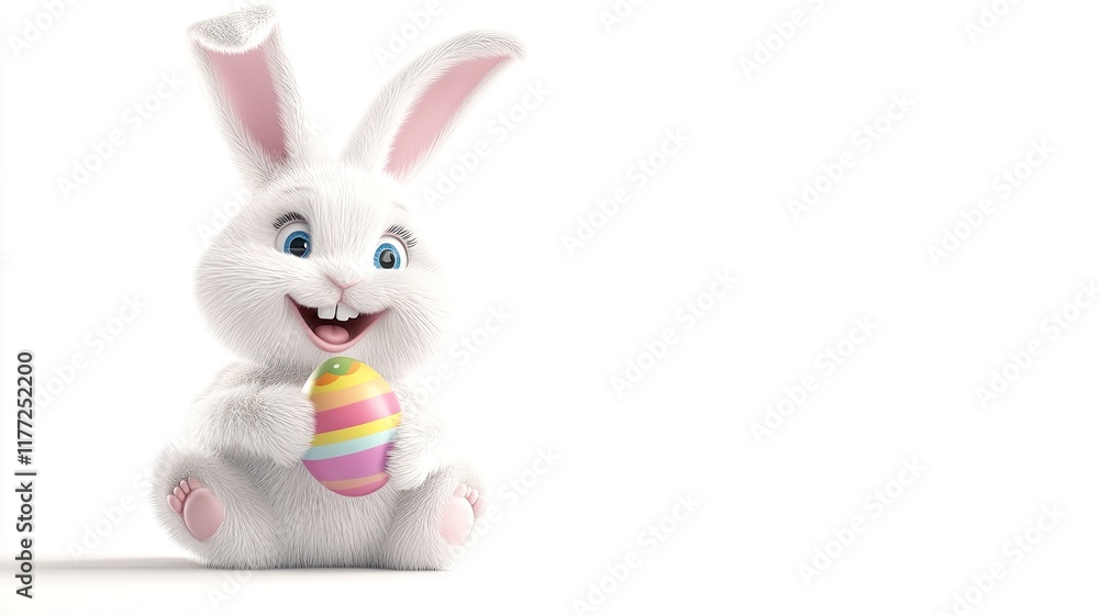 Obraz premium A cheerful Easter bunny with fluffy white fur, holding a colorful egg, isolated on a white background.