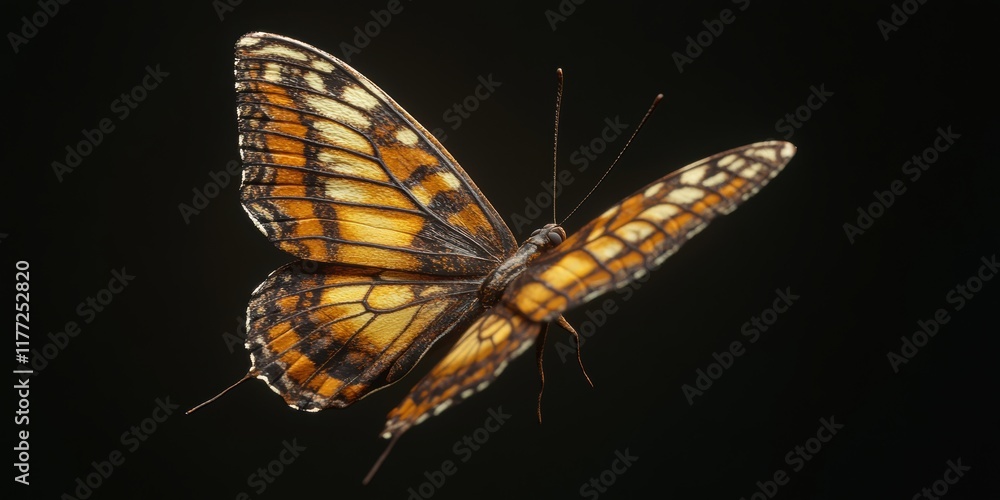 Obraz premium Colorful butterfly in flight against a dark background showcasing intricate wing patterns and vibrant hues