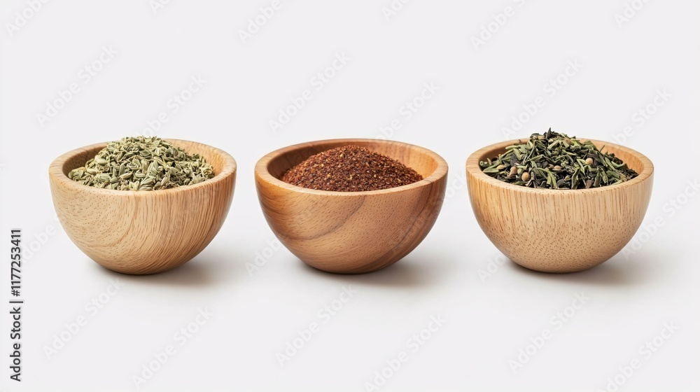 Assortment of Natural Dried Herbs and Spices in Wooden Bowls on White Background Assortment of Natural Dried Herbs and Spices in Wooden Bowls on White Background