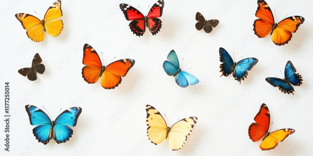 Fototapeta premium Colorful butterflies display vibrant patterns on a light background capturing nature's beauty and diversity