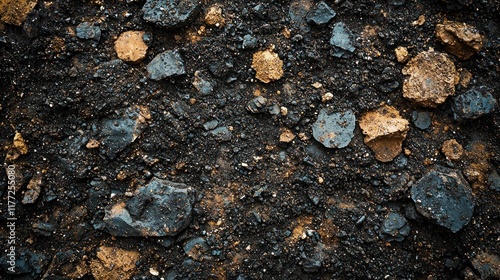 Dark gravel and small rocks on ground, close-up texture, possible pathway use