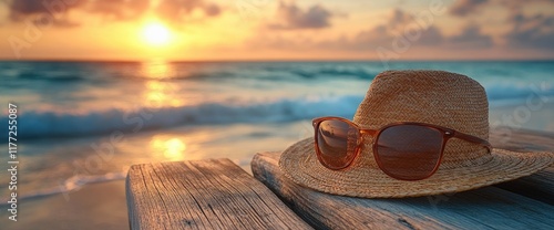 Vacation Vibes Sunglasses and Hat at Sunset by the Ocean
