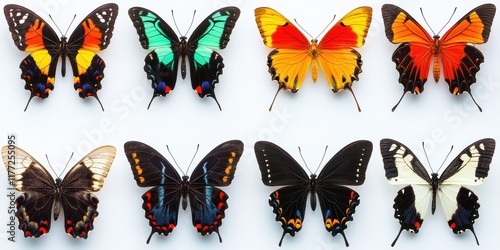 Colorful variety of butterfly species displayed on a light background for educational purposes photo