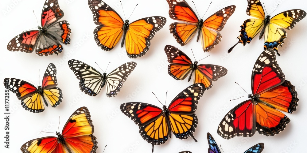 Various butterfly species displayed in vibrant colors, showcasing nature's beauty and diversity in a collection setting Various butterfly species displayed in vibrant colors, showcasing nature's beauty and diversity in a collection setting