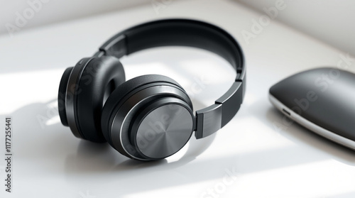 Black over-ear headphones displayed on a sleek modern desk setup, showcasing professional technology and minimalist design for work or entertainment. The image resonates efficiency, style, and contemp photo