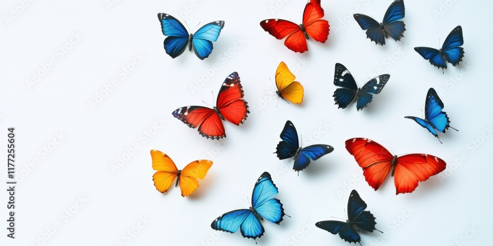 Colorful butterflies exhibit vibrant hues against a light backdrop in a mesmerizing display of nature's beauty Colorful butterflies exhibit vibrant hues against a light backdrop in a mesmerizing display of nature's beauty