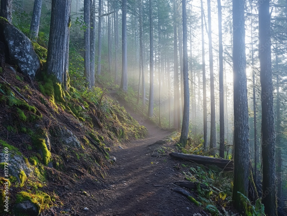 Obraz premium a forest path winds through a misty forest