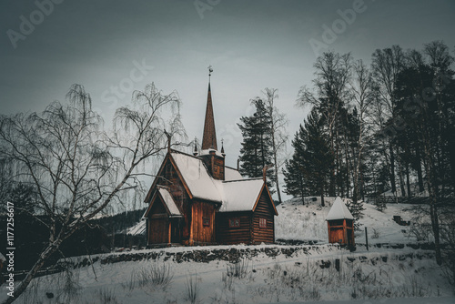 Garmo stave church in winter photo