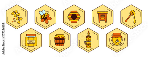 Honey icon set vector. Bee, flower, honey jar, spoon, candle, bee hive, Wooden stick with honey. Beekeeping products, symbols.