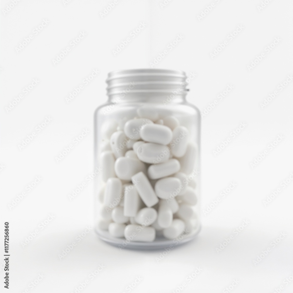 Transparent jar filled with white capsules, minimalistic design, pharmaceutical concept, copy space Transparent jar filled with white capsules, minimalistic design, pharmaceutical concept, copy space