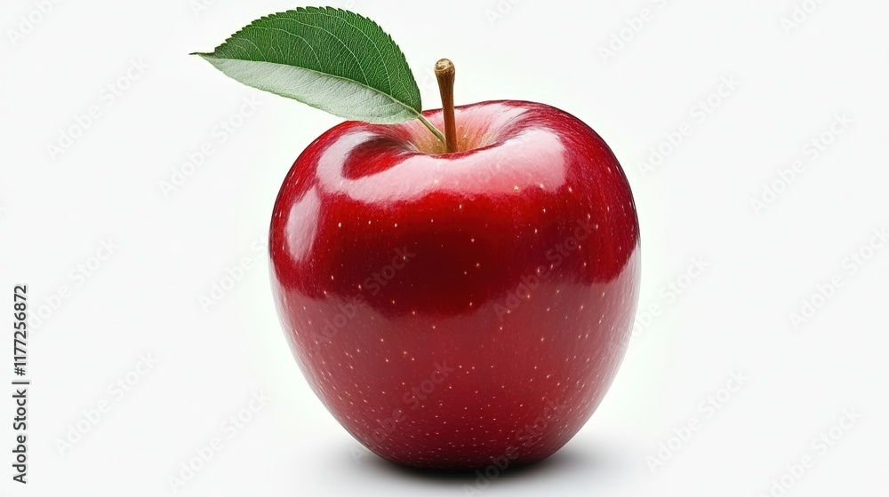Bright red apple with a green leaf on a white background Bright red apple with a green leaf on a white background