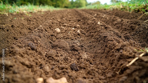 Freshly tilled soil furrows in a field with grassy edges, ready for planting