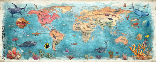 Explore vibrant map of underwater world, showcasing coral reefs, sea routes, and diverse marine life. This artistic representation highlights oceanic biodiversity and geography