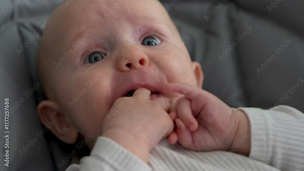 Close up portrait of newborn in rocking chair. Happy family. morning of a baby, activities with a child Close up portrait of newborn in rocking chair. Happy family. morning of a baby, activities with a child