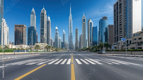 A modern city skyline featuring tall buildings and a clear blue sky.