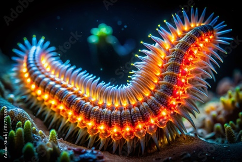 Bioluminescent Fireworm Night Photography: Glowing Marine Worm in Ocean photo