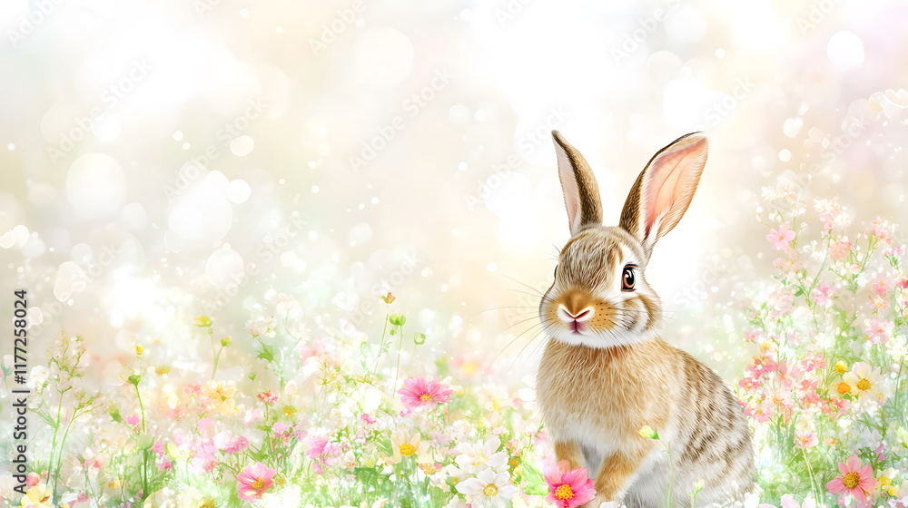 Fototapeta premium watercolor style bunny in dreamy flower field, surrounded by colorful blooms, evokes sense of joy and tranquility