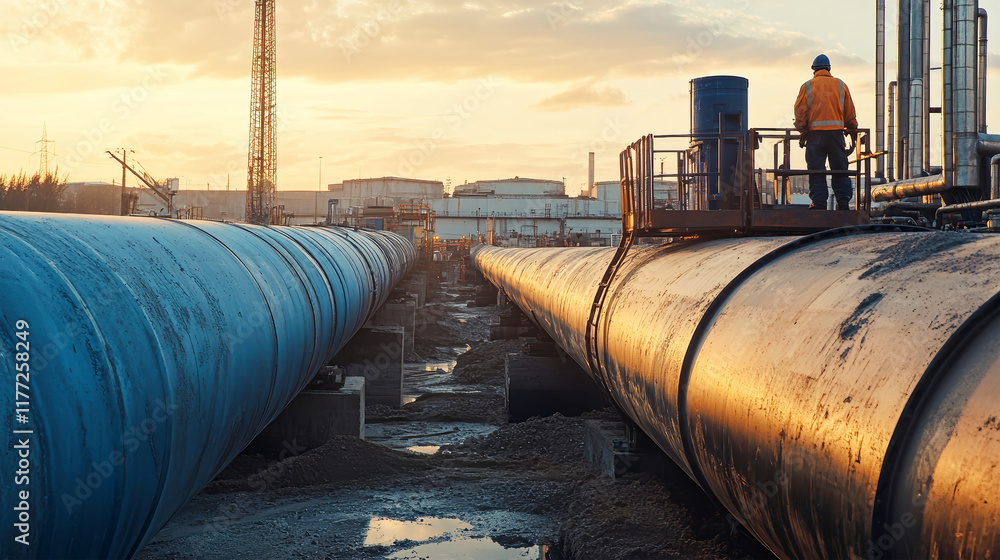 Industrial landscape at sunset with workers and long cylindrical pipes in a cement factory setting Industrial landscape at sunset with workers and long cylindrical pipes in a cement factory setting