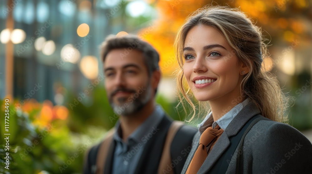 Professional business man and woman smiling outdoors, showcasing a positive business environment. Professional business man and woman smiling outdoors, showcasing a positive business environment.