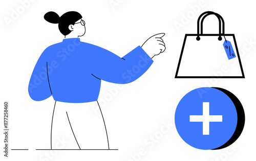 Person pointing at shopping bag with price tag, blue plus sign. Ideal for e-commerce, shopping cart, online retail, purchase decisions, marketing strategies, consumer behavior sales growth. Abstract