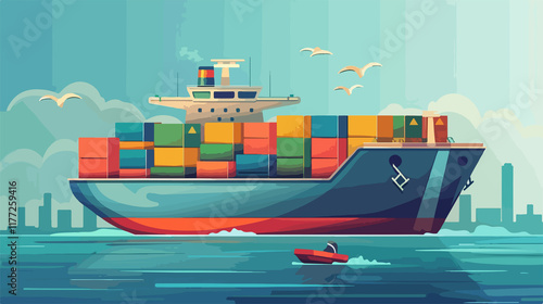 Global Shipping Industry Concept with Ship, Boxes, and Containers photo