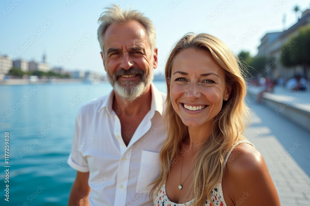 Happy mature couple in summer in front of the water in city Happy mature couple in summer in front of the water in city