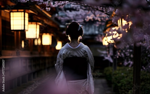 Geisha, Japan Woman in kimono walking through cherry blossoms at night. photo