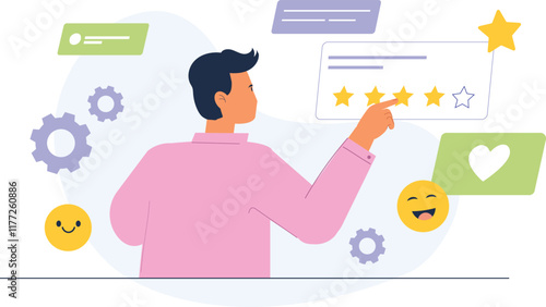 An illustration of engaging feedback analysis for customer experience, featuring graphs, charts, and survey forms, with characters reviewing and discussing customer reviews and ratings