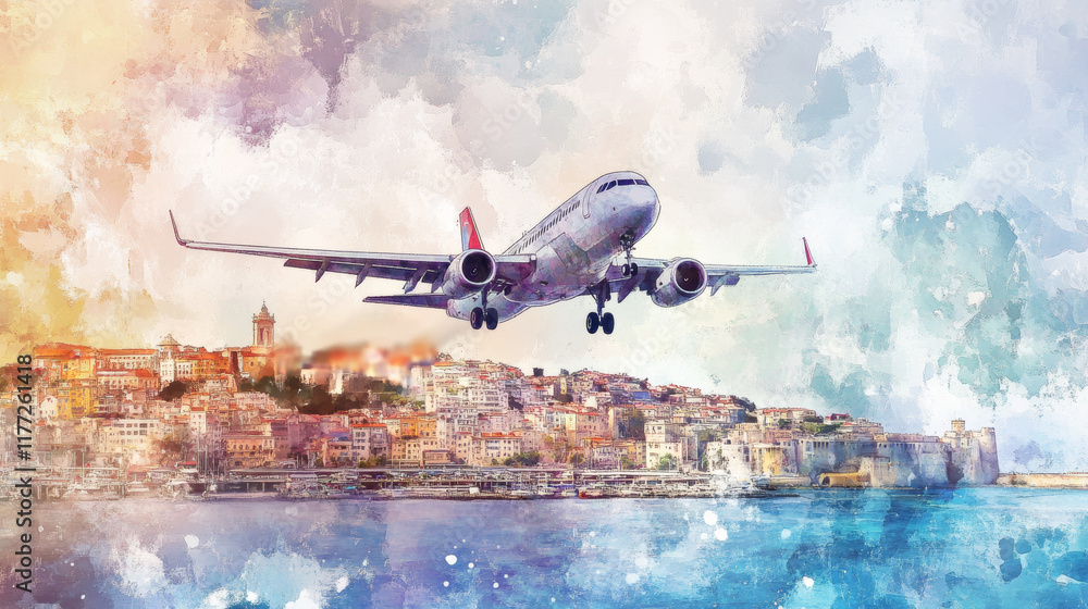 Naklejka premium stunning airplane taking off over vibrant coastal city, showcasing urban life and scenic beauty. colorful watercolor effect adds dreamy touch to scene