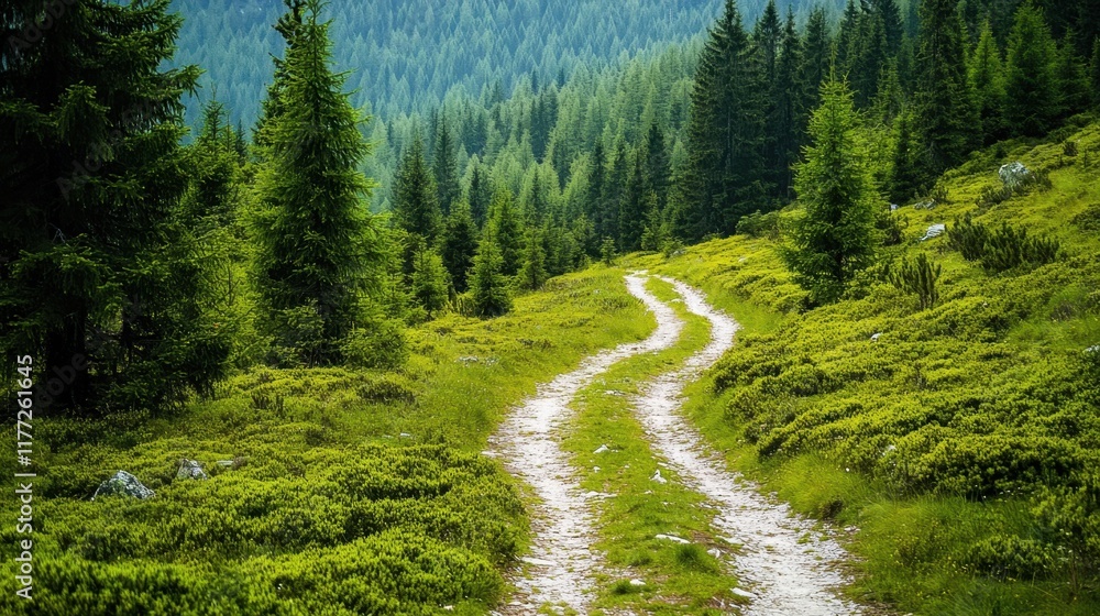 Fototapeta premium A high-angle shot of a mountain trail surrounded by dense green foliage