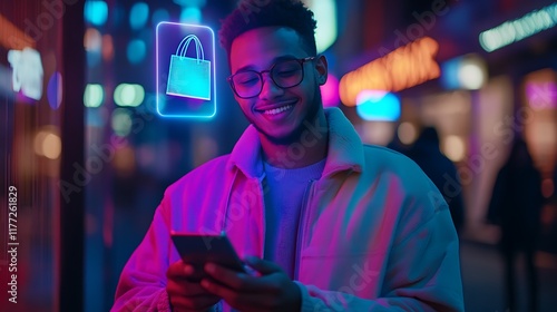Young Man Uses Smartphone for Online Shopping at Night