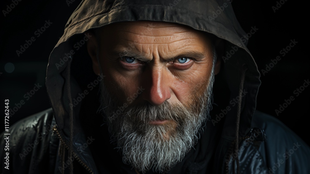 The handsome model with dark eyes and a serious expression looks thoughtful under his black hoodie The handsome model with dark eyes and a serious expression looks thoughtful under his black hoodie
