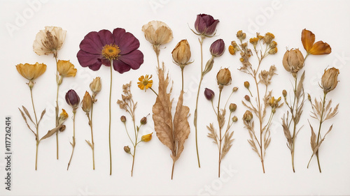 pressed dried flowers with a space for text on white background