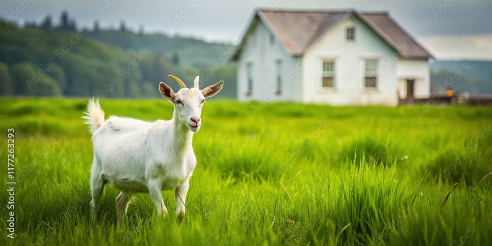 Obraz premium Minimalist White House Goat Grazing in Green Field - Farm Animal Stock Photo