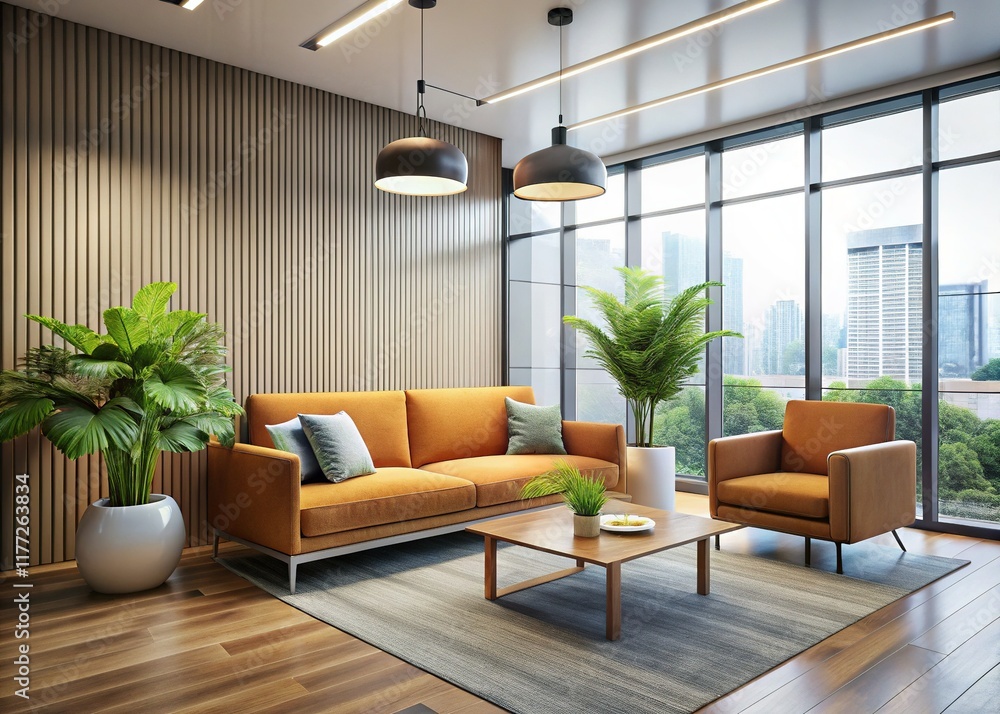 Modern Office Reception: Stylish Sofa & Minimalist Design, 3D Render Modern Office Reception: Stylish Sofa & Minimalist Design, 3D Render