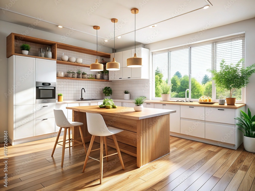 Fototapeta premium Modern White Kitchen with Wooden Accents - 3D Render