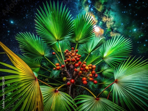 Night Photography: Nihoa Fan Palm with Berry Clusters under Starry Sky photo