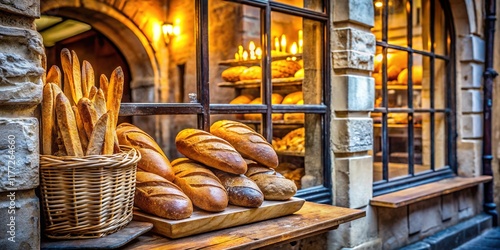 Parisian Bakery Window Display: Fresh Baguettes & Rustic Architecture photo