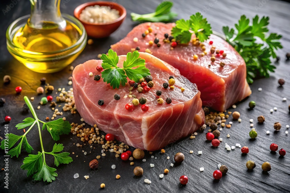 Raw Pork Fillet Marinade: Pepper, Salt, Parsley, Honey, Paprika, Cumin - Top View Raw Pork Fillet Marinade: Pepper, Salt, Parsley, Honey, Paprika, Cumin - Top View