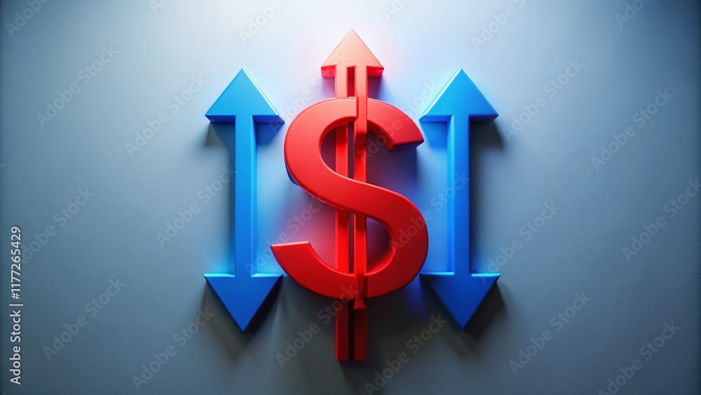 Blue Arrows Pointing to Red Dollar Sign - Financial Growth Concept Stock Photo Blue Arrows Pointing to Red Dollar Sign - Financial Growth Concept Stock Photo