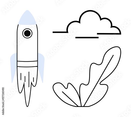 Rocket ascending beside a leaf and cloud highlighting themes of growth, exploration, nature, innovation, aspiration, adventure, and sustainability. Ideal for startups, environmental concepts career