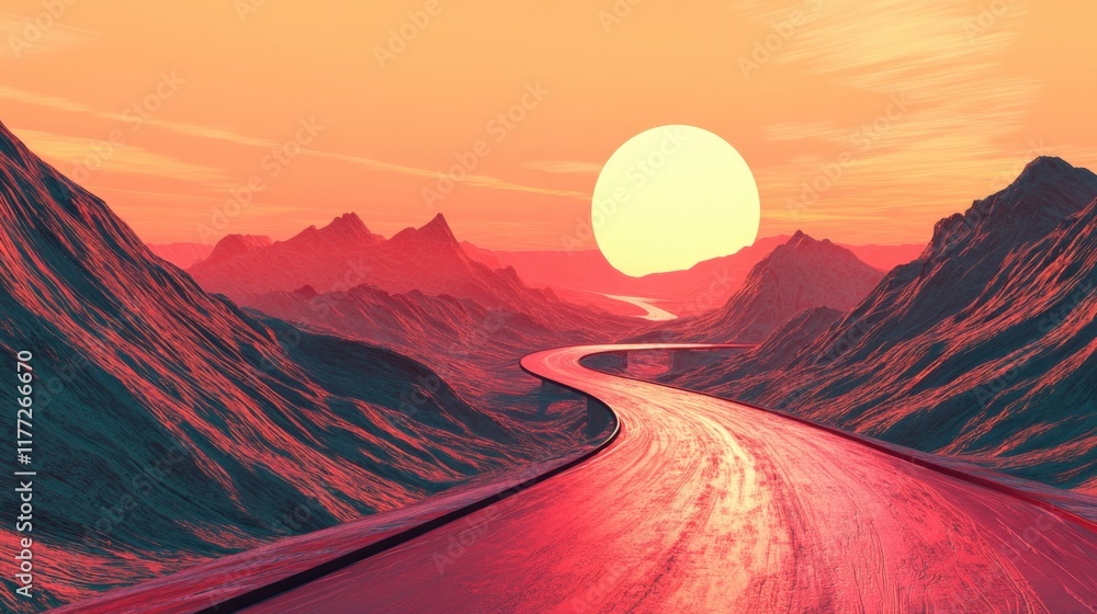 Fototapeta premium a scenic road winds through a mountain landscape at sunset