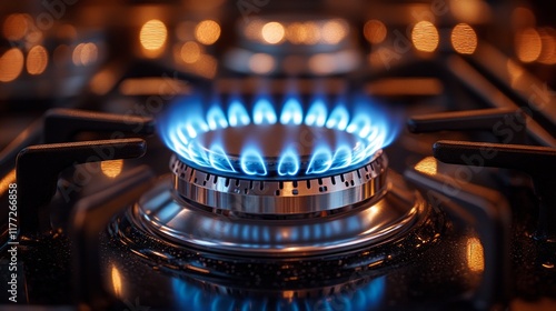 Close-Up of a Gas Stove Burner with Blue Flame in a Modern Kitchen
