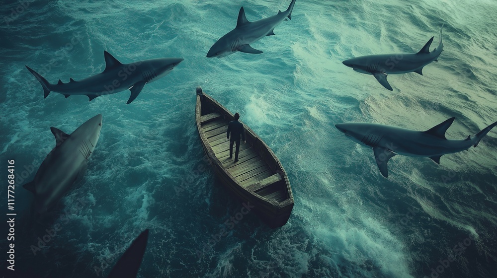 Obraz premium Mysterious scene with sharks and small boat