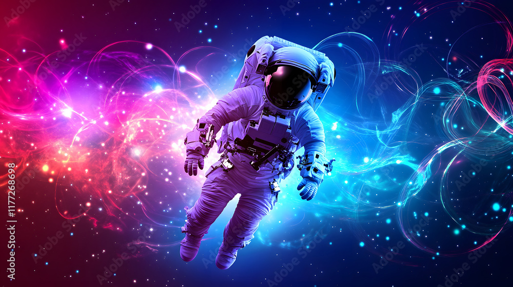 astronaut floats in colorful cosmic space, surrounded by vibrant energy astronaut floats in colorful cosmic space, surrounded by vibrant energy