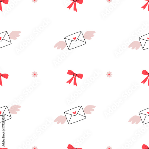 Pattern in pink simple flowers, bows and envelopes with wings on a white background. Valentine's Day.