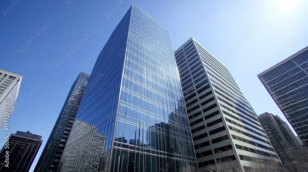 A low-angle view of tall skyscrapers with reflective glass facades under a bright, clear sky. A low-angle view of tall skyscrapers with reflective glass facades under a bright, clear sky.