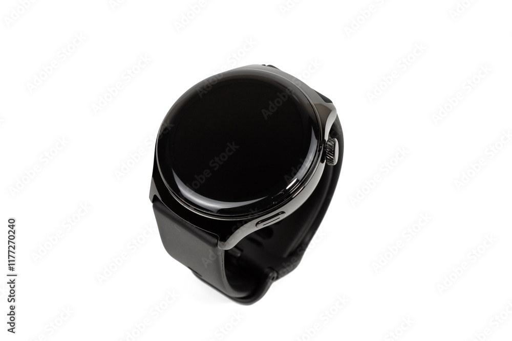 A sleek black smartwatch is featured in the image. It boasts a circular touchscreen display and a classic, black leather band, isolated on white background A sleek black smartwatch is featured in the image. It boasts a circular touchscreen display and a classic, black leather band, isolated on white background